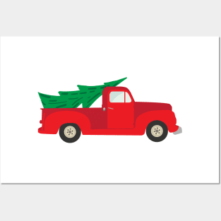 Red retro truck with Christmas Tree Posters and Art